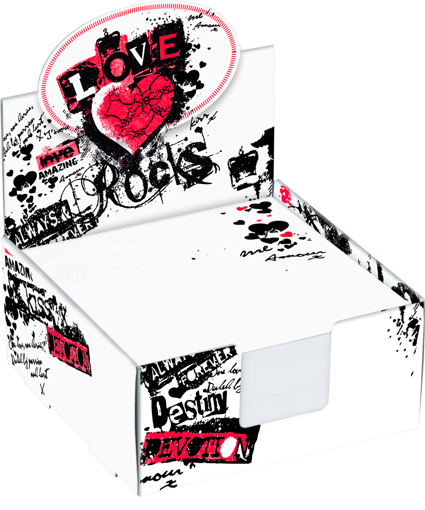 Poznámkový blok v boxu s potiskem  - 300 listů 9 x 9 cm - motiv láska